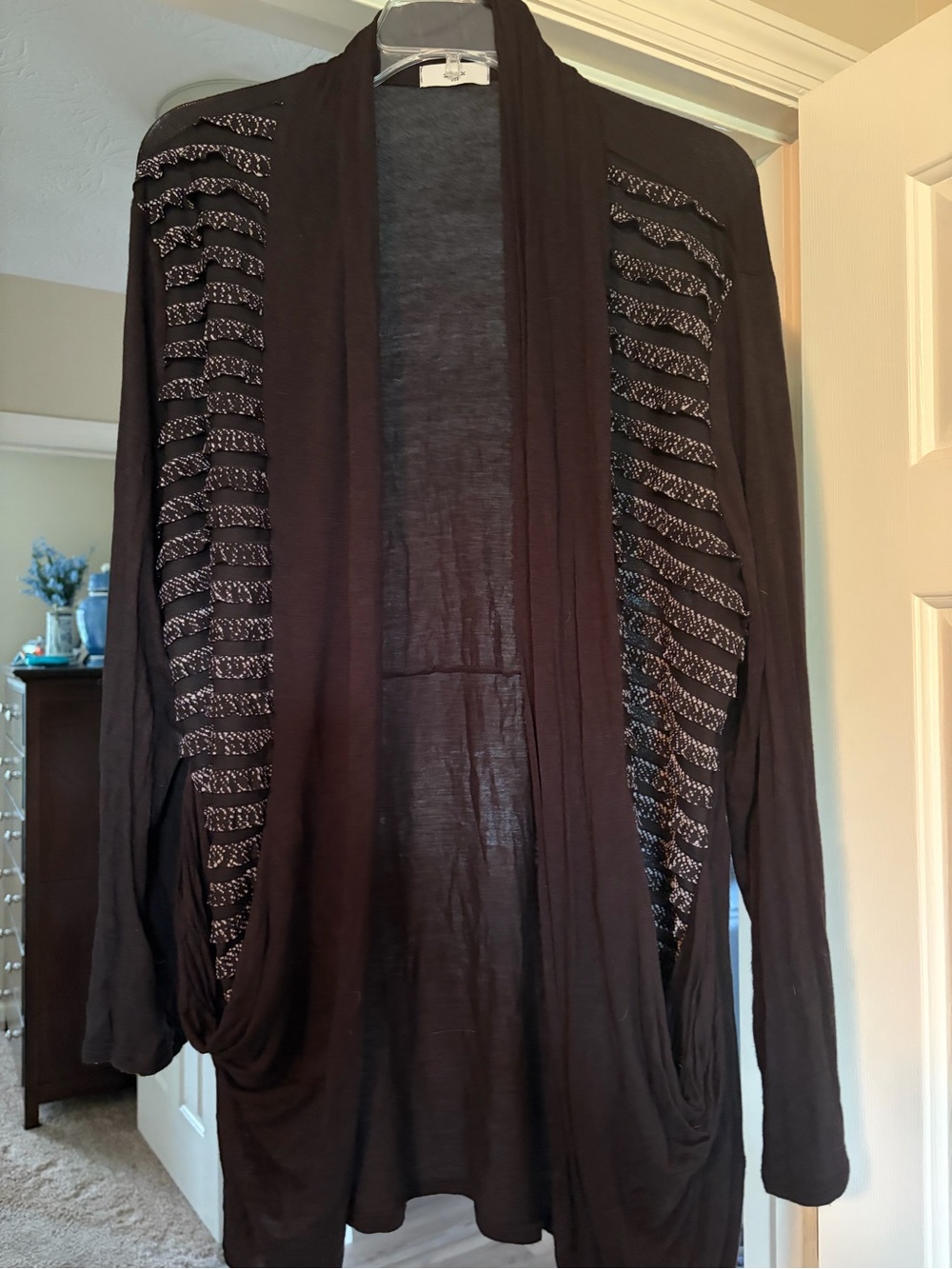 Black Open-Front Draped Cardigan with Beaded Trim